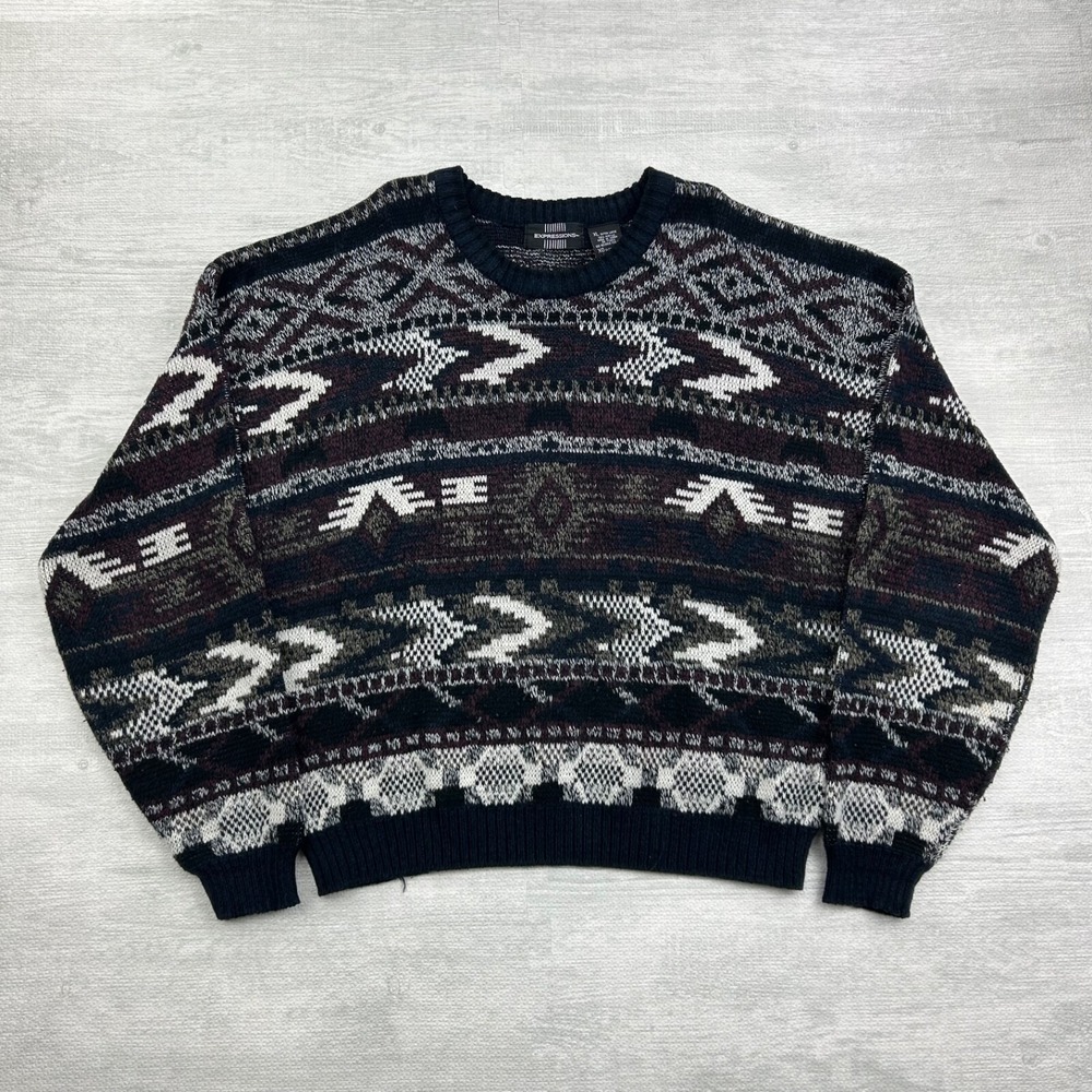 Vintage 90s Expressions Sweater Size XL Multicolor Grandpa Geometric Pull Over
